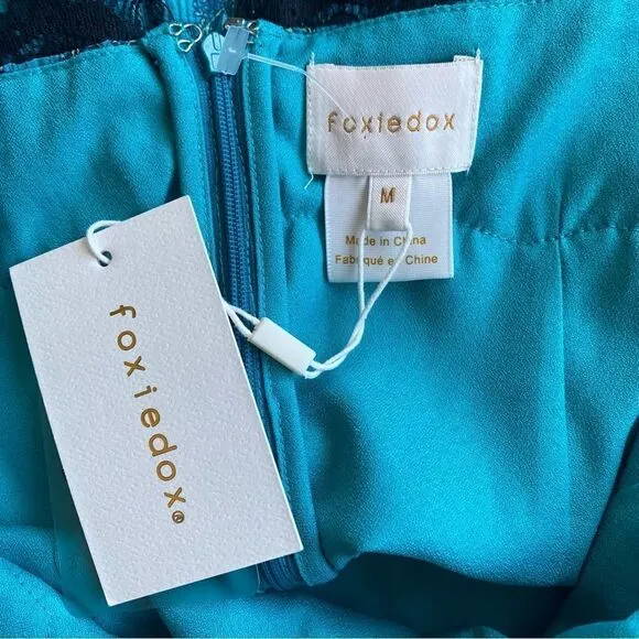 NWT New Foxiedox Anthropologie Dress Teal Blue Black Lace Women’s M Rockabilly