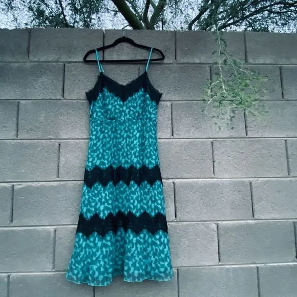 NWT New Foxiedox Anthropologie Dress Teal Blue Black Lace Women’s M Rockabilly