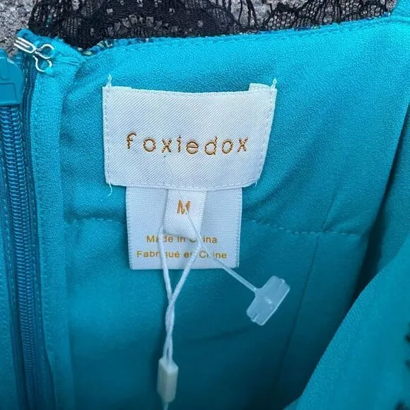 NWT New Foxiedox Anthropologie Dress Teal Blue Black Lace Women’s M Rockabilly