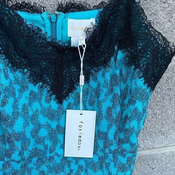 NWT New Foxiedox Anthropologie Dress Teal Blue Black Lace Women’s M Rockabilly