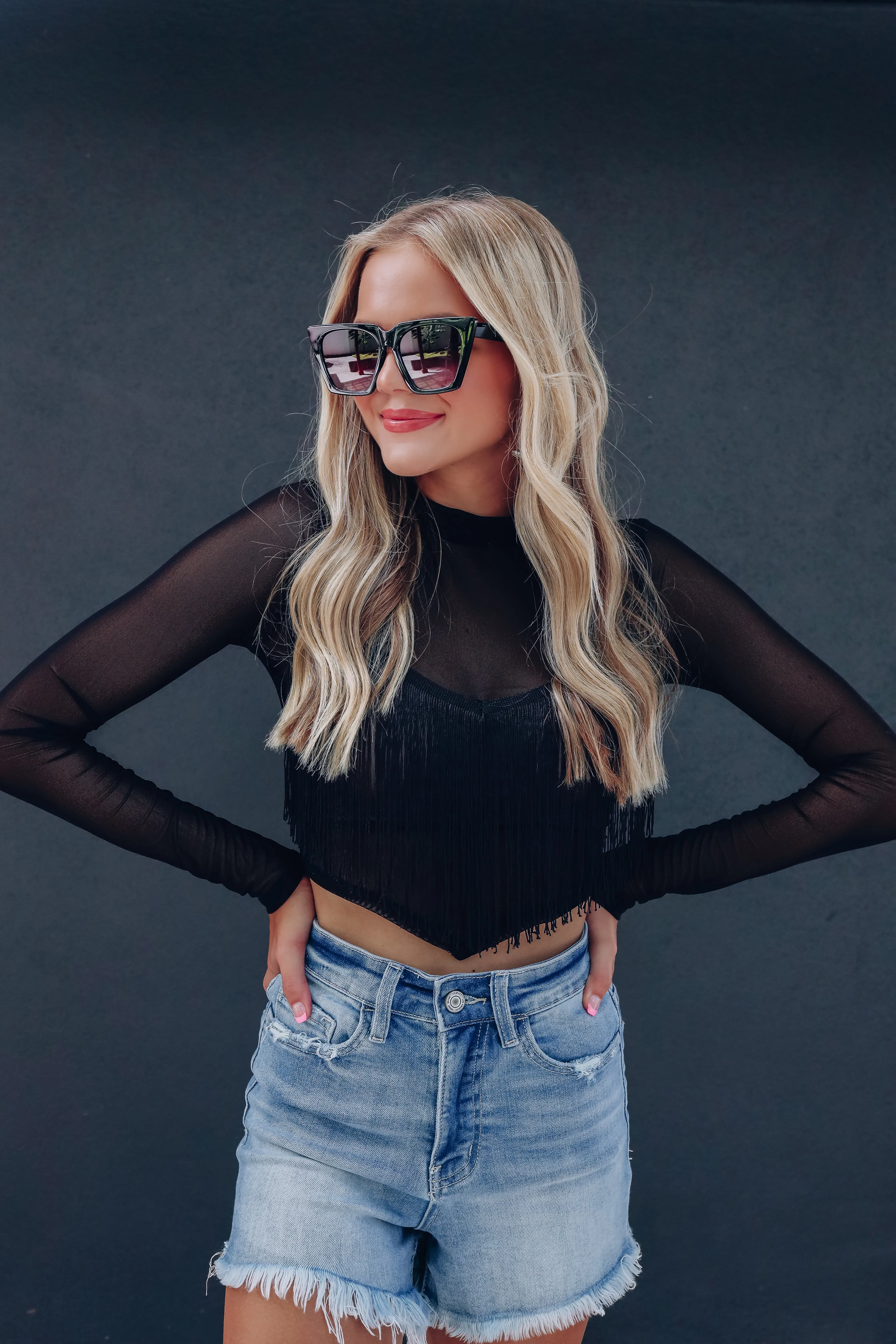 Party Scene Sheer Fringe Crop Top - Black
