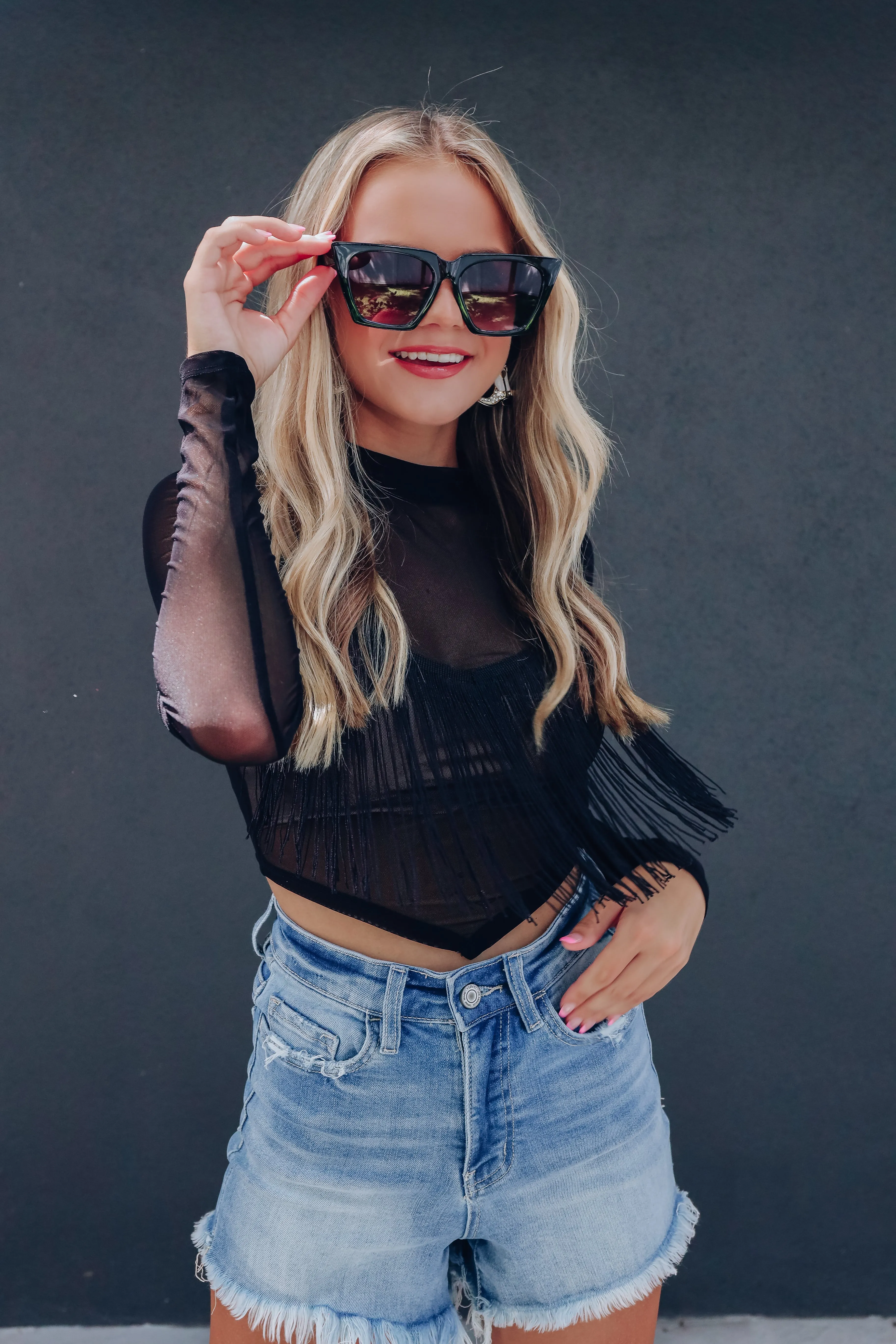 Party Scene Sheer Fringe Crop Top - Black