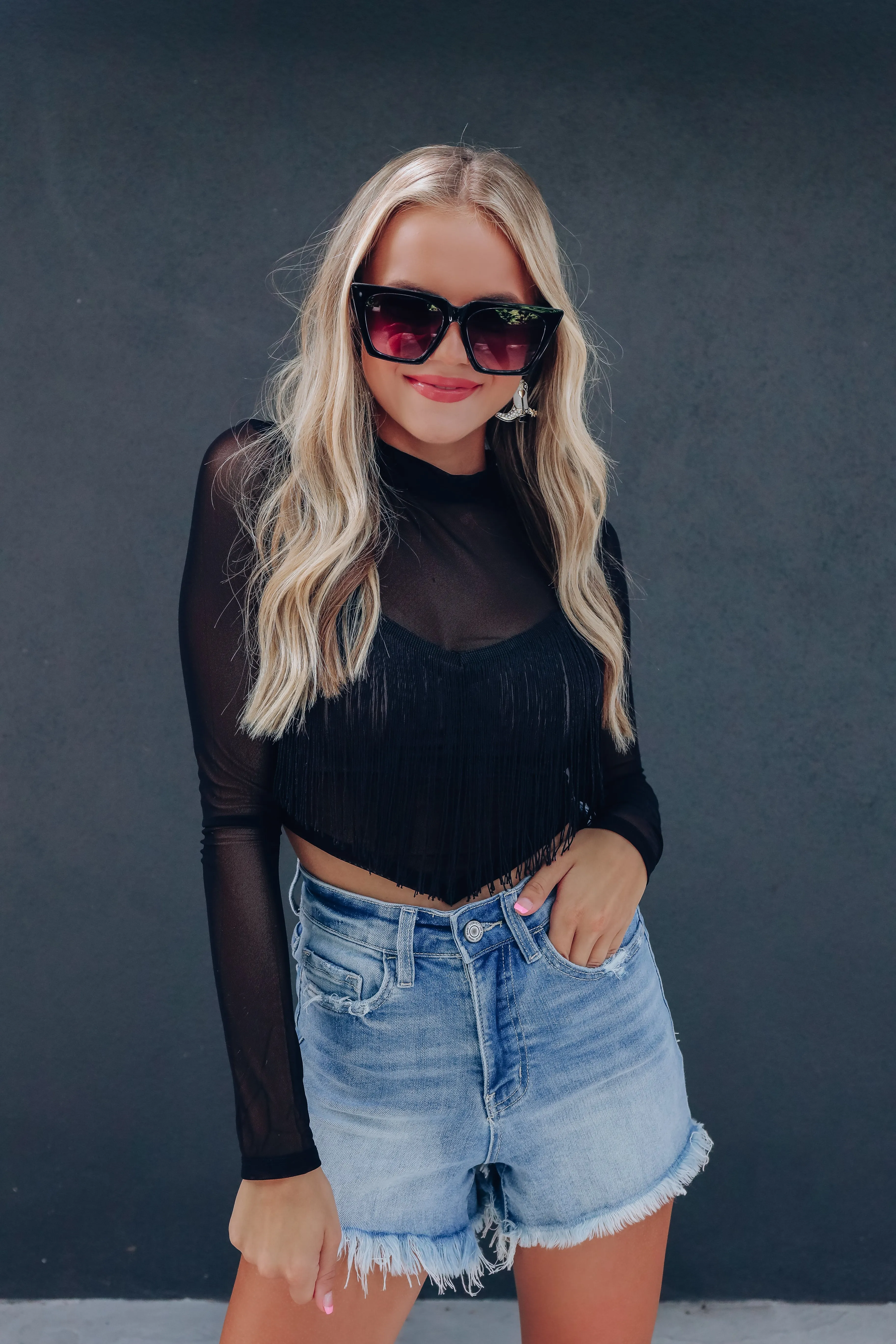 Party Scene Sheer Fringe Crop Top - Black