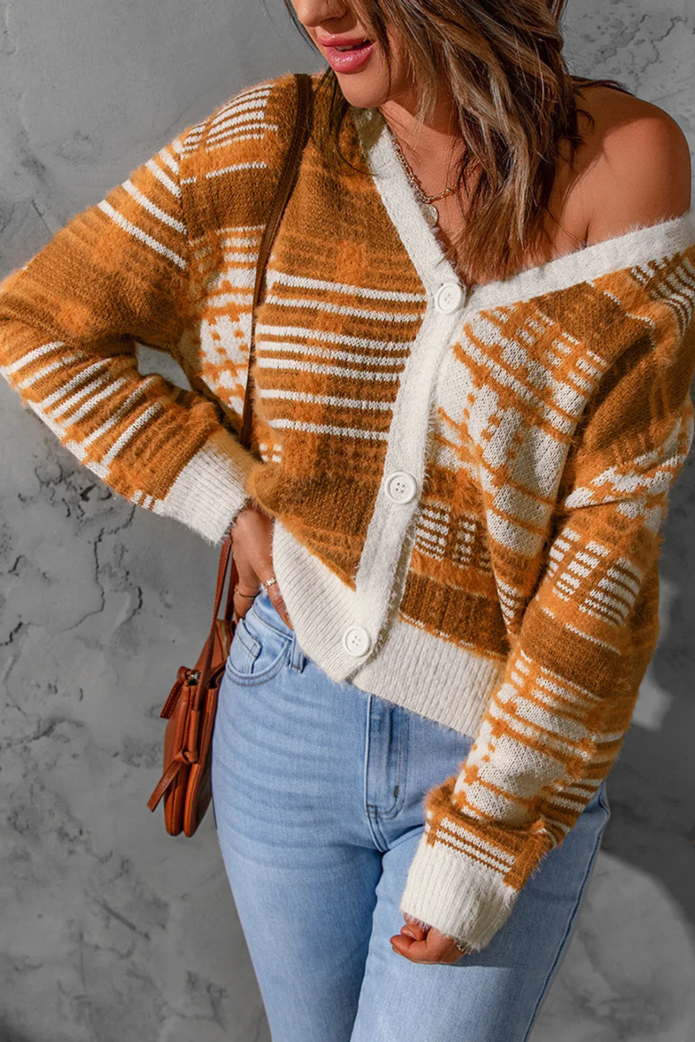 Plaid Button Down V-Neck Fuzzy Cardigan