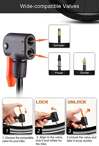 QUPET ® Mini Portable Bike, Bicycle Tire Hand Foot Activated Floor Pump with Presta Schrader Dunlop Valves Extra Valve and Gas Needle