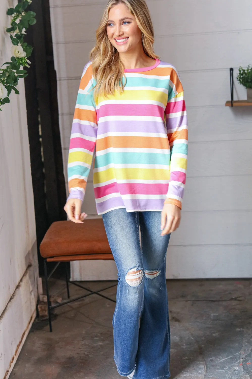 Rainbow Stripe French Terry Long Sleeve Pullover