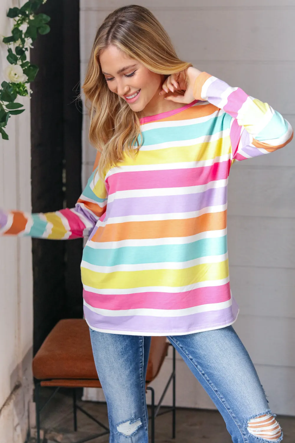 Rainbow Stripe French Terry Long Sleeve Pullover