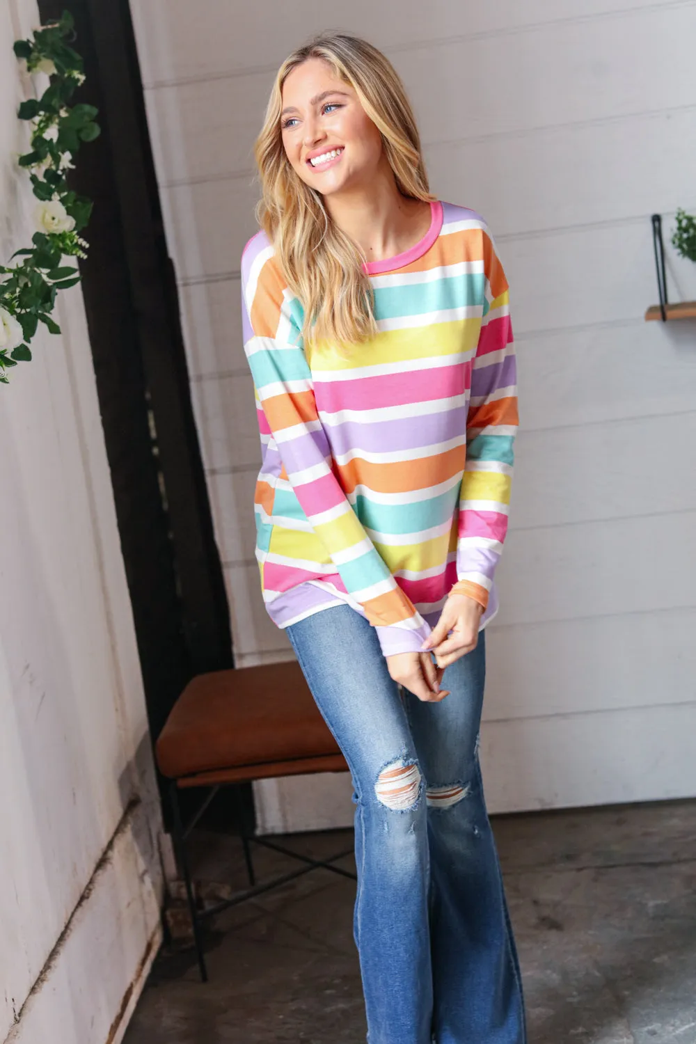 Rainbow Stripe French Terry Long Sleeve Pullover