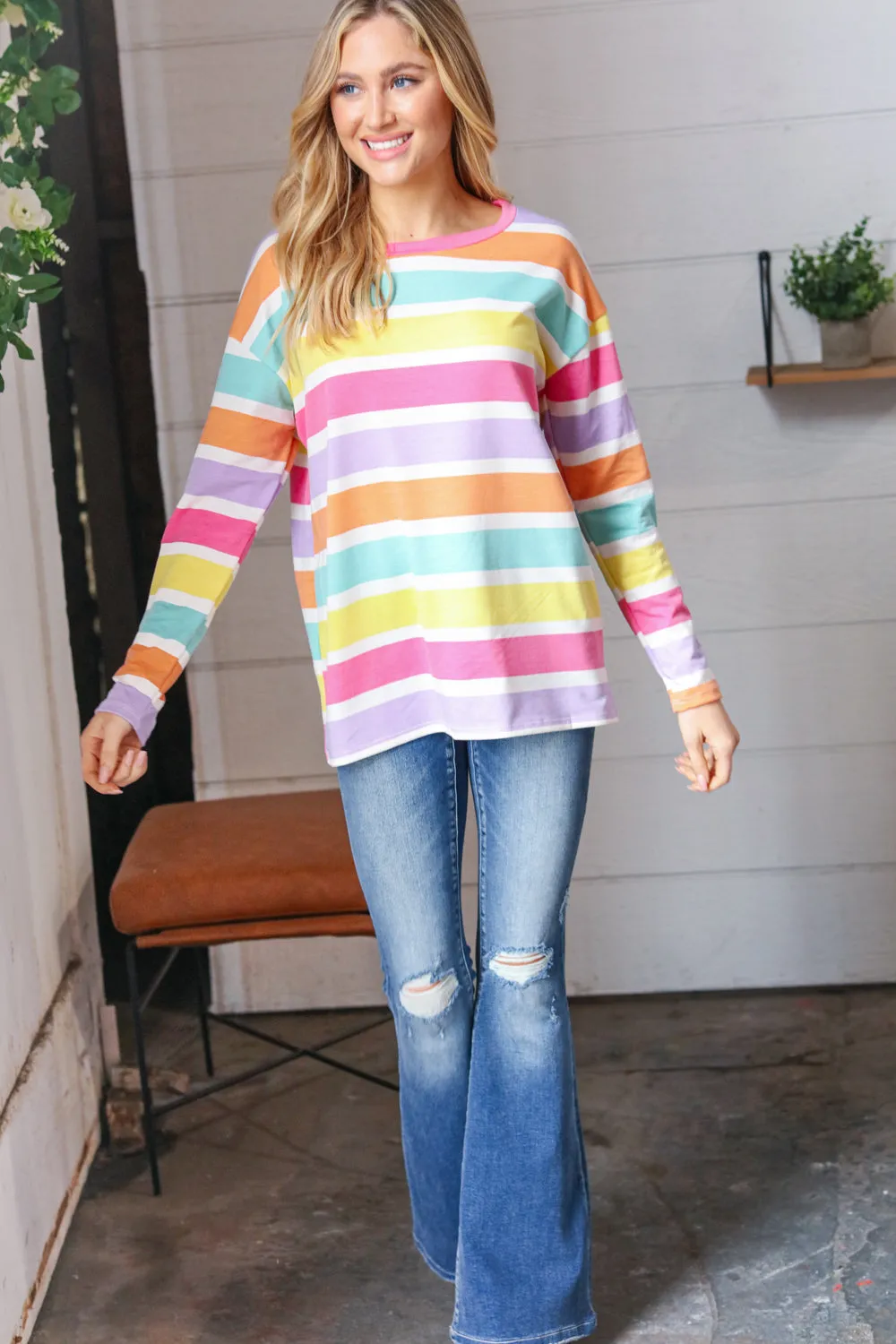 Rainbow Stripe French Terry Long Sleeve Pullover