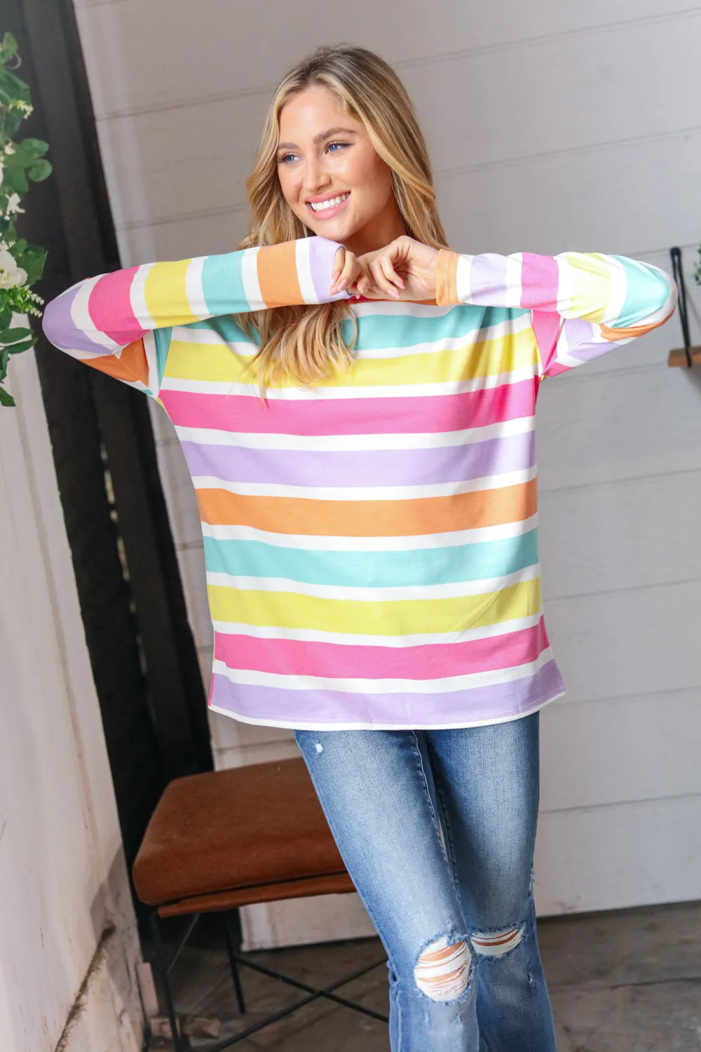 Rainbow Stripe French Terry Long Sleeve Pullover