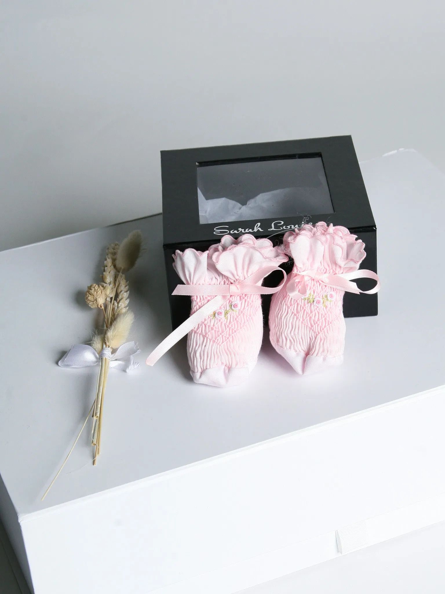 Sarah Louise Rosebud Pink Smocked Booties