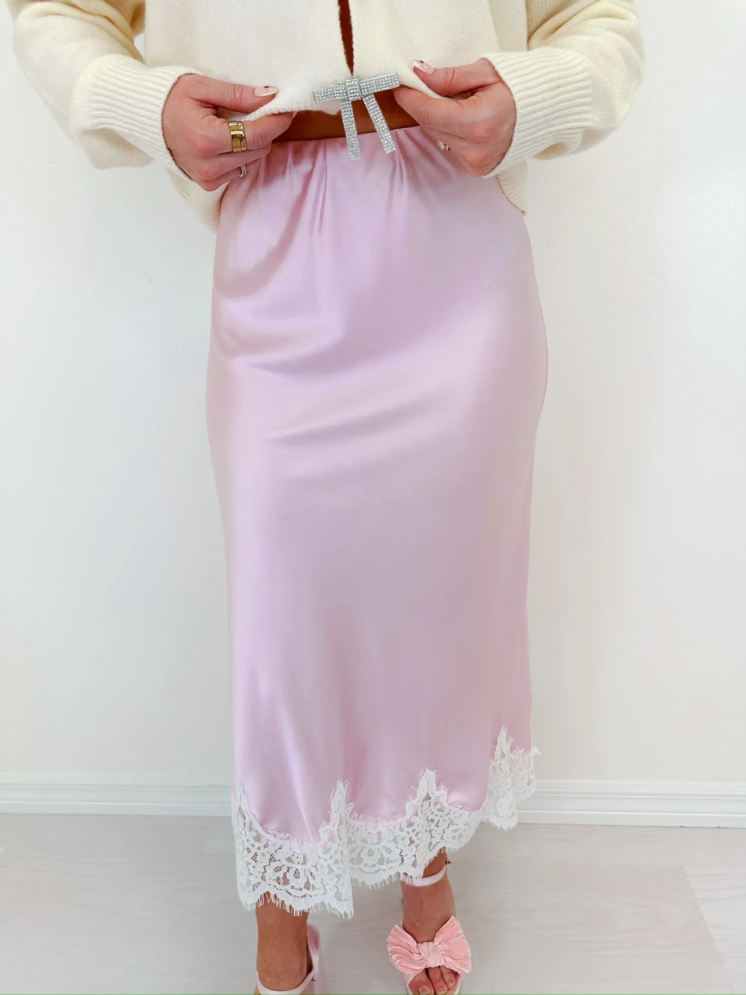 Sassy Satin Lace Trim Midi Skirt