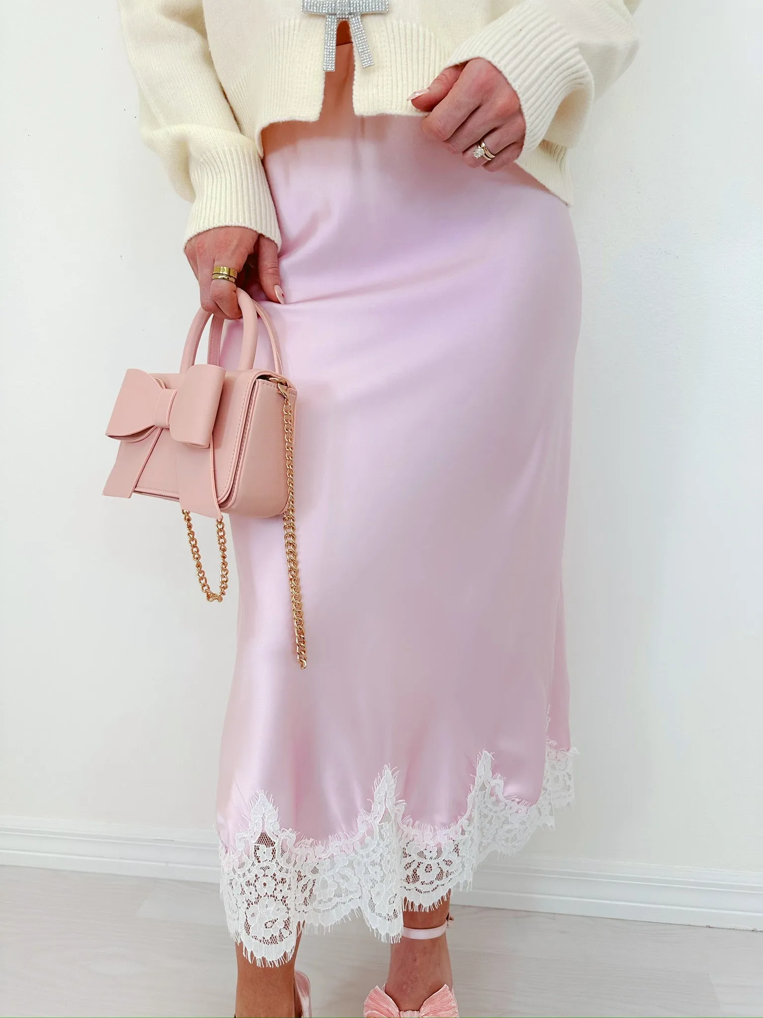 Sassy Satin Lace Trim Midi Skirt