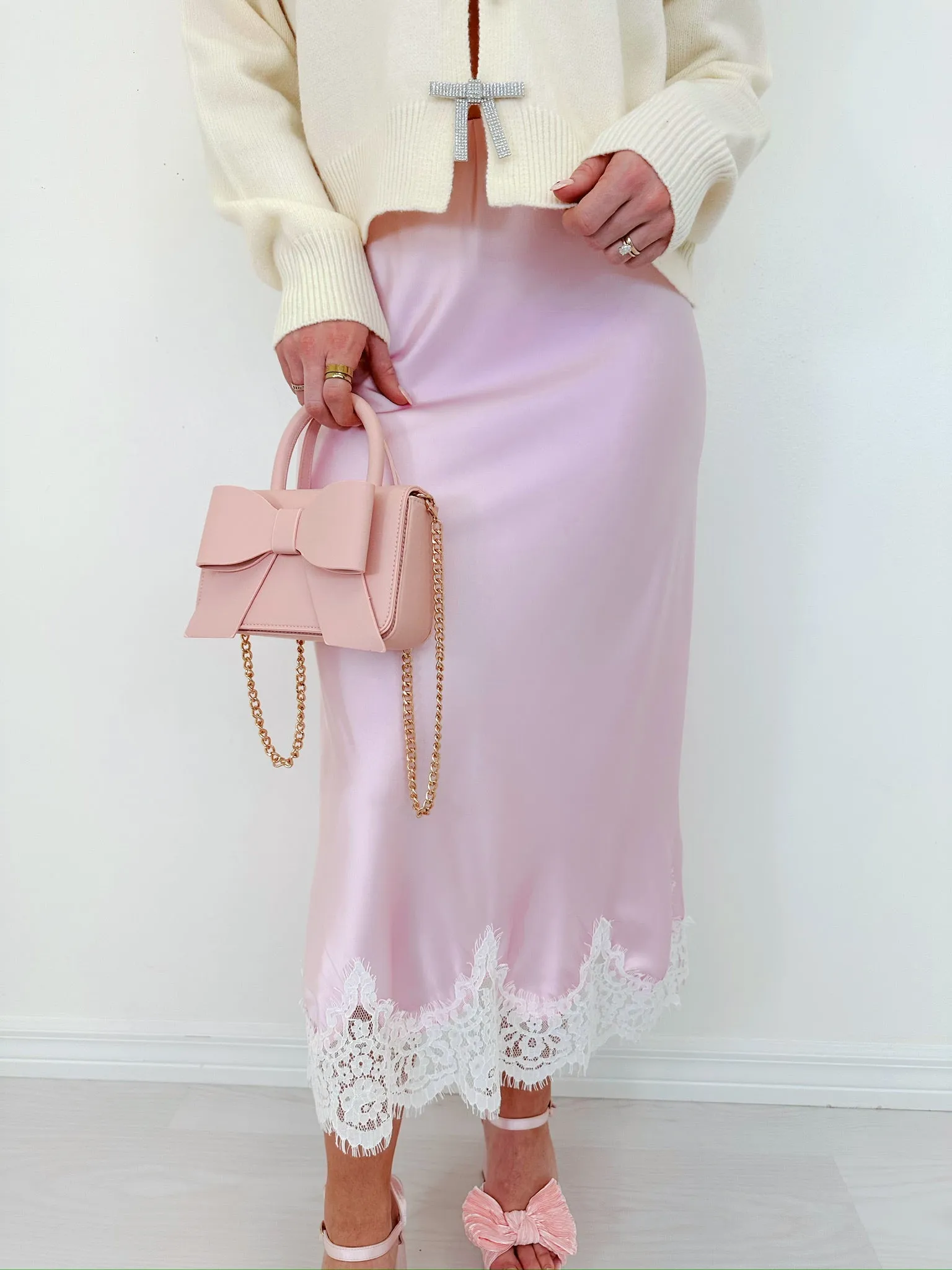 Sassy Satin Lace Trim Midi Skirt