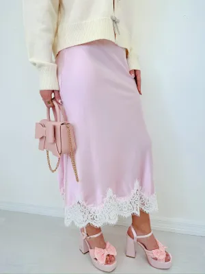 Sassy Satin Lace Trim Midi Skirt