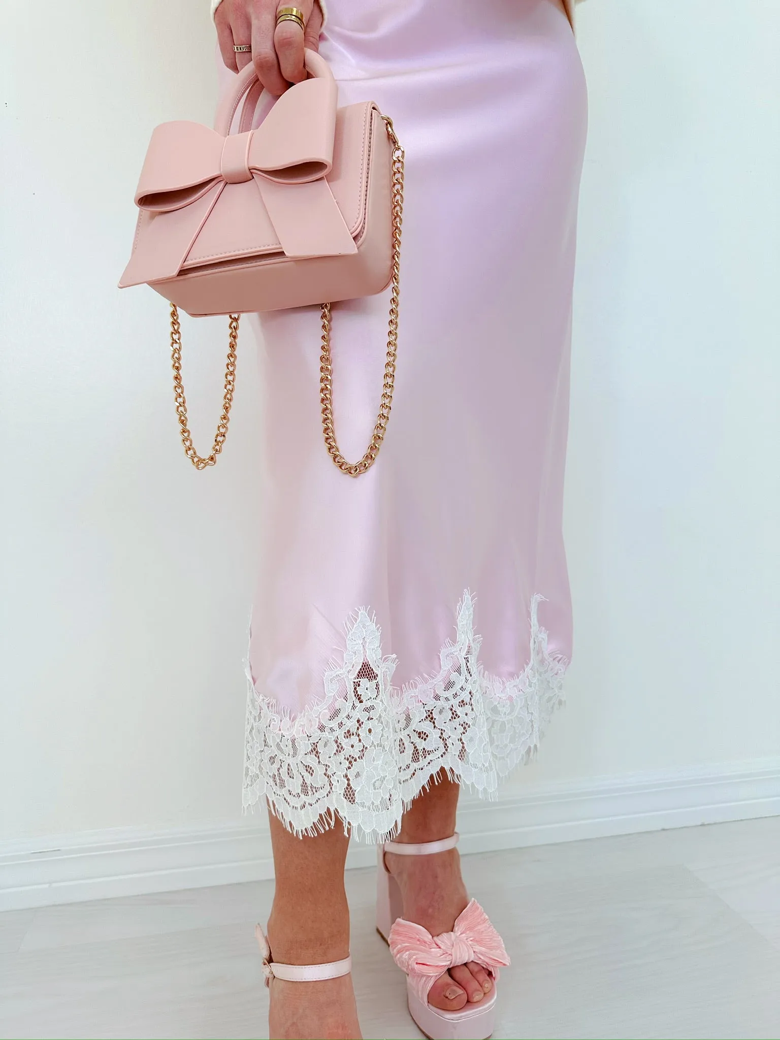 Sassy Satin Lace Trim Midi Skirt