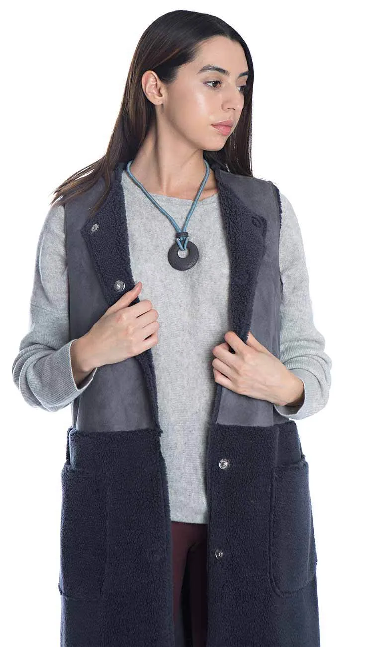 Shearling & Suede Long Sleeveless Vest Coat