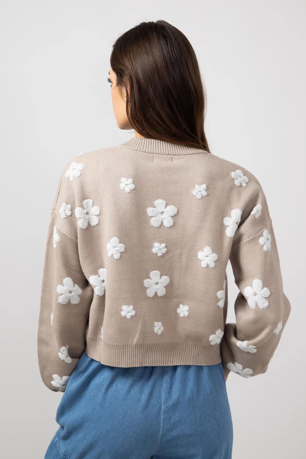 Simply Southern Cropped Flower Sweater for Women in Tan | PP-0224-SWTR-CRP-FLWR