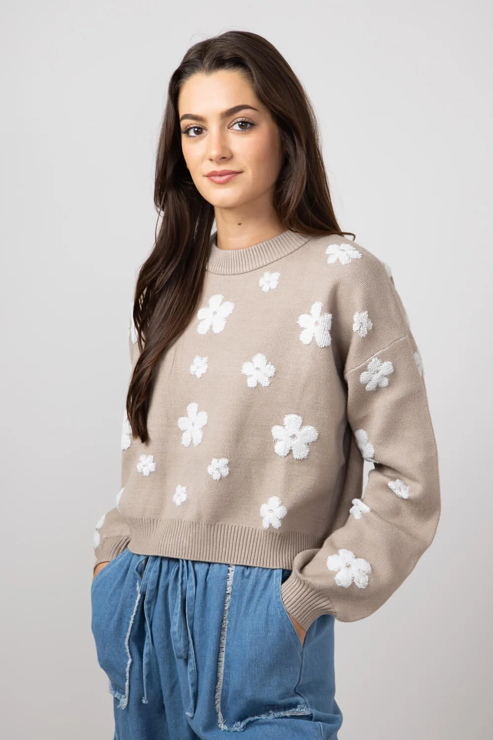 Simply Southern Cropped Flower Sweater for Women in Tan | PP-0224-SWTR-CRP-FLWR