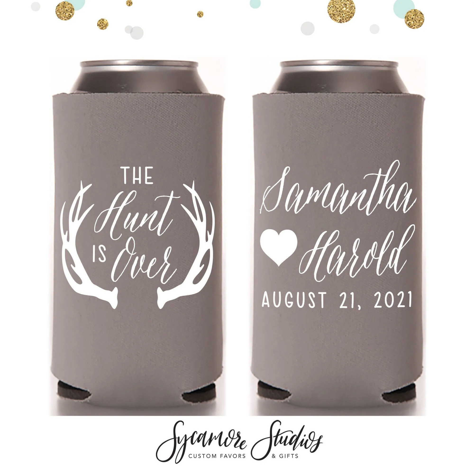 Slim 12oz Wedding Can Cooler #16S - The Hunt is Over