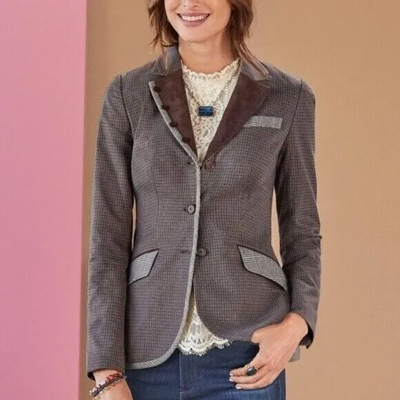 Sundance Quincy Plaid Blazer Equestrian Faux Suede Collar