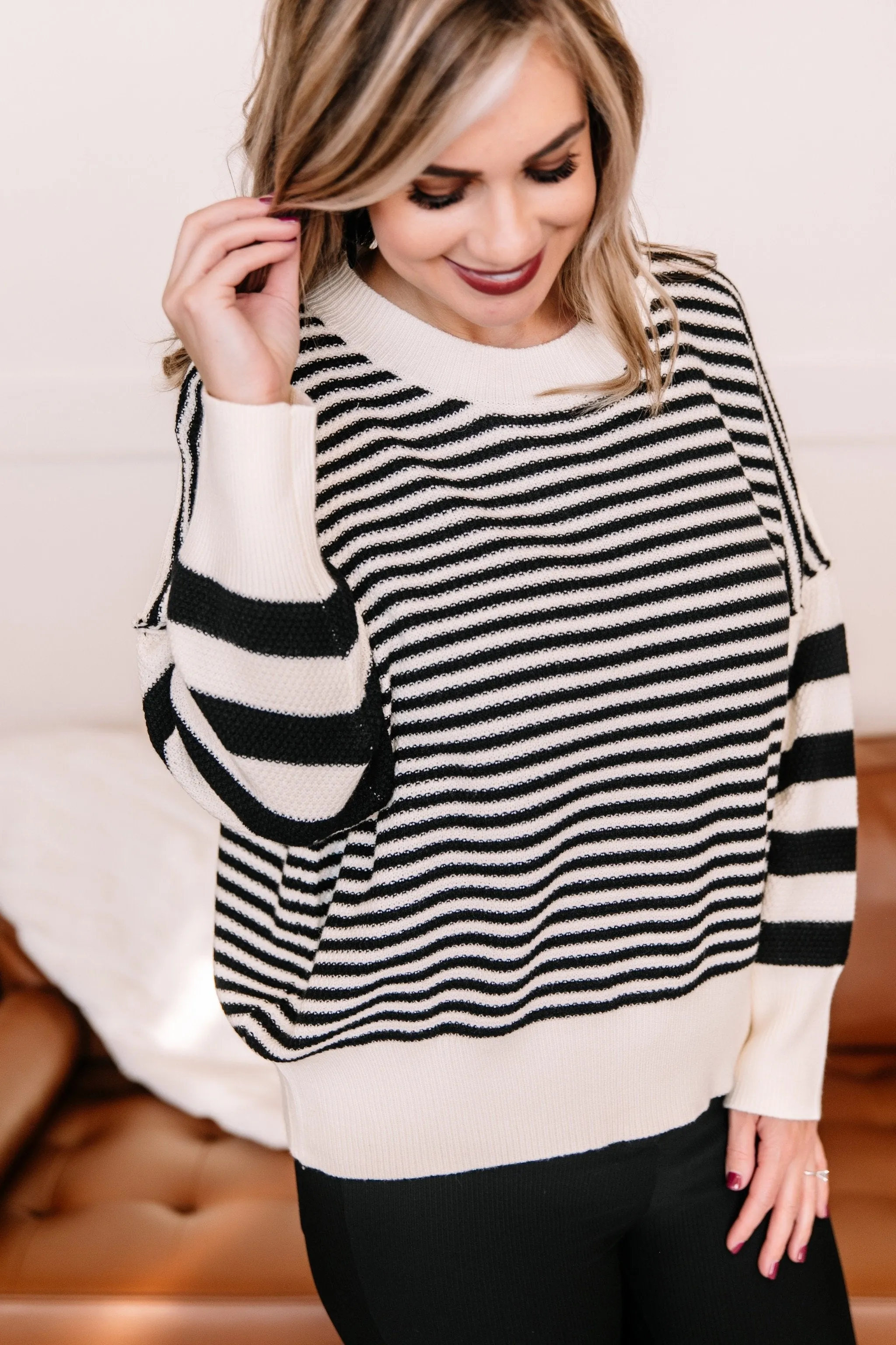 That Was Easy Black & White Striped Pullover Sweater