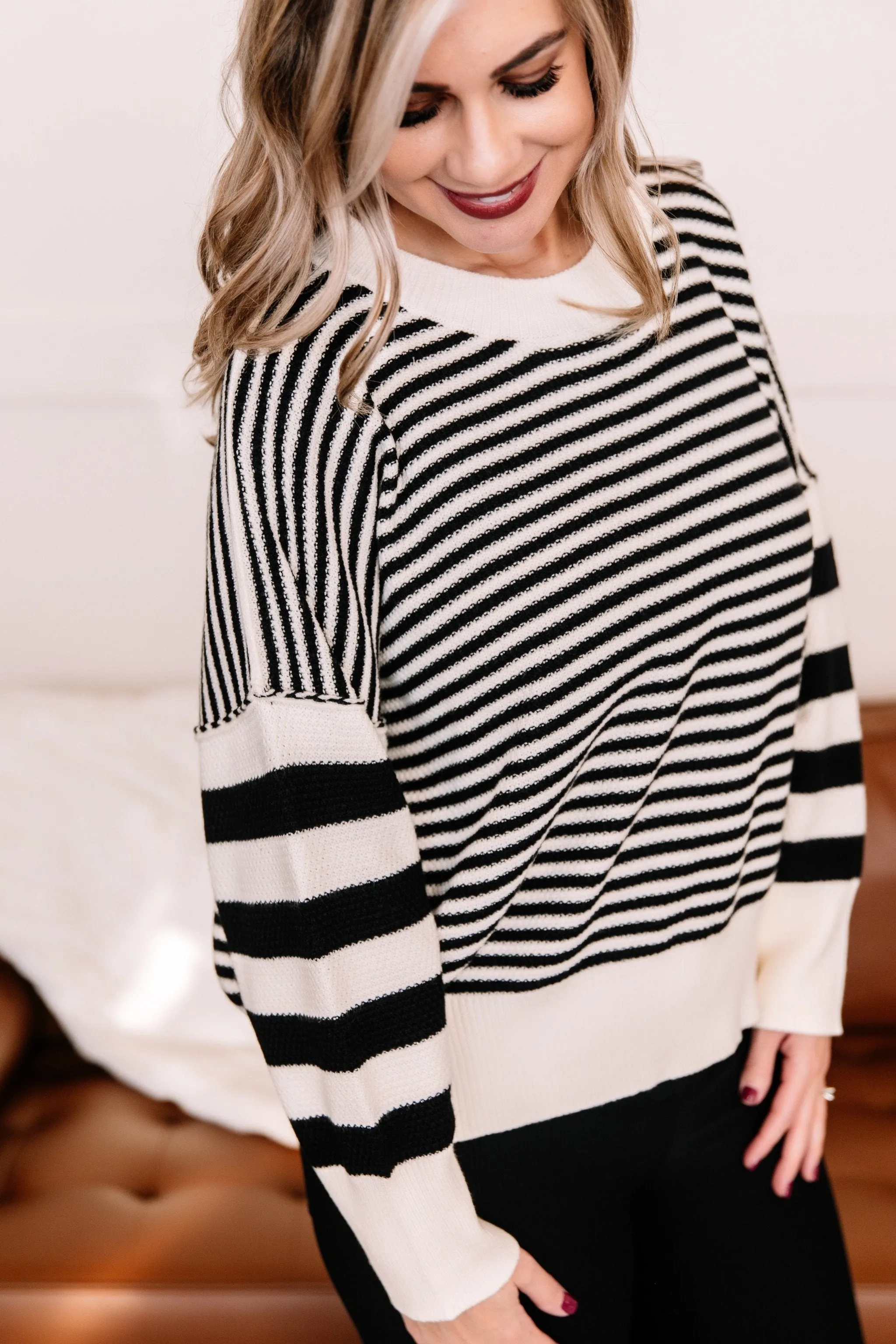 That Was Easy Black & White Striped Pullover Sweater