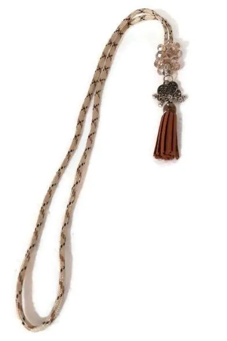 The brown leather tassel necklace, beige camouflage paracord, boho chic necklace