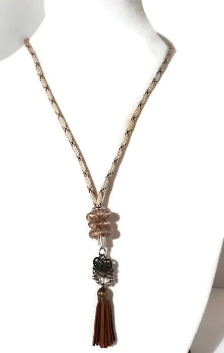 The brown leather tassel necklace, beige camouflage paracord, boho chic necklace