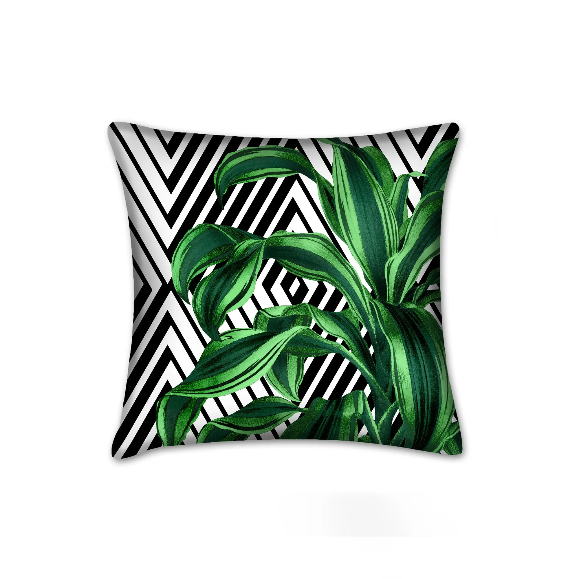 Tropical leaves pillows with geometrical accents. Set of 2