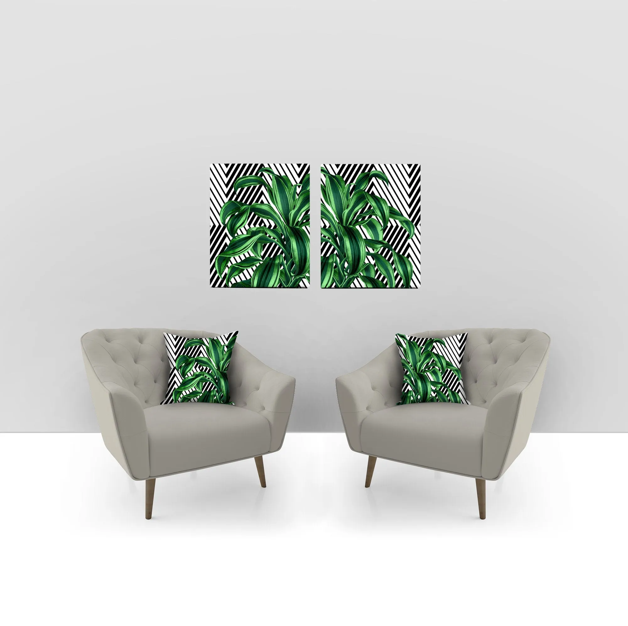 Tropical leaves pillows with geometrical accents. Set of 2