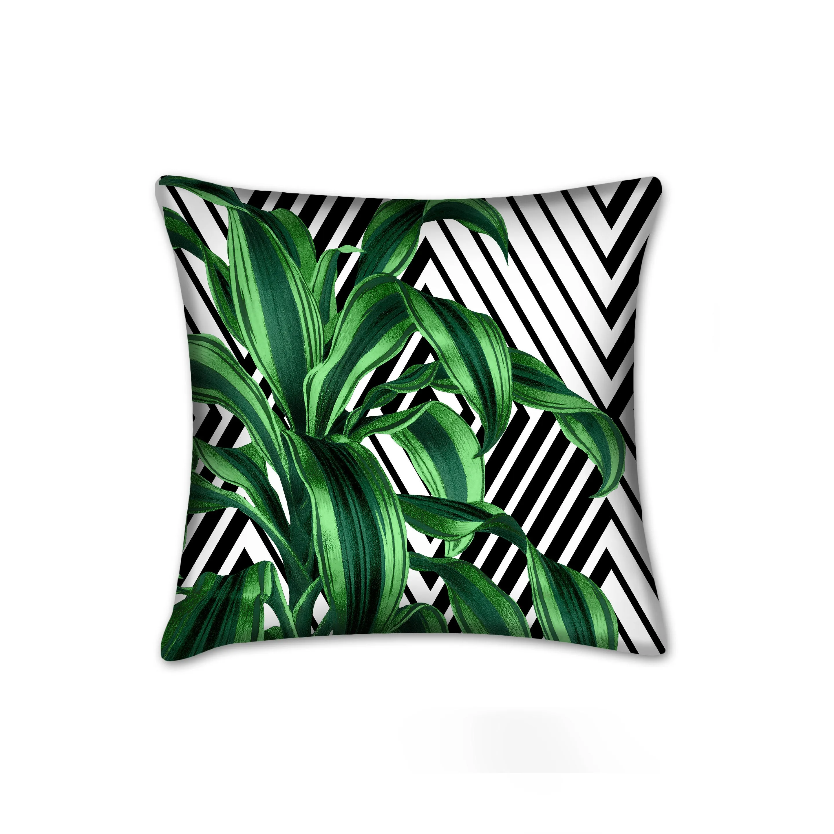 Tropical leaves pillows with geometrical accents. Set of 2