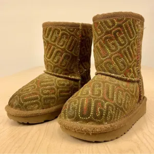UGG Boots Toddlers Girls 6 Classic II Graphic Stitch Rainbow Logo Chestnut Suede