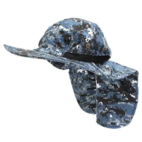 Unisex Nylon Camo Mesh Fishing Hunting Wide Brim Boonie Hat Neck Cover Outdoor Sun Flap Bush Cap