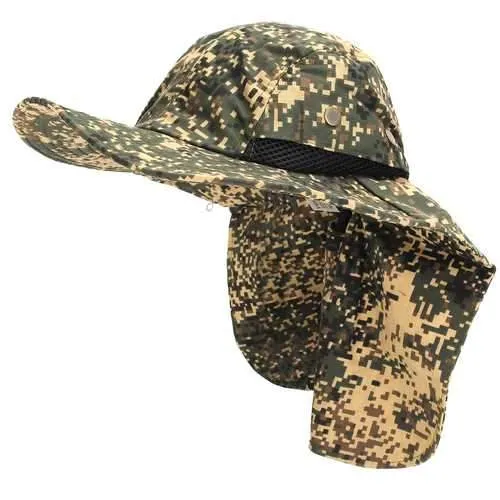 Unisex Nylon Camo Mesh Fishing Hunting Wide Brim Boonie Hat Neck Cover Outdoor Sun Flap Bush Cap
