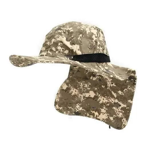 Unisex Nylon Camo Mesh Fishing Hunting Wide Brim Boonie Hat Neck Cover Outdoor Sun Flap Bush Cap