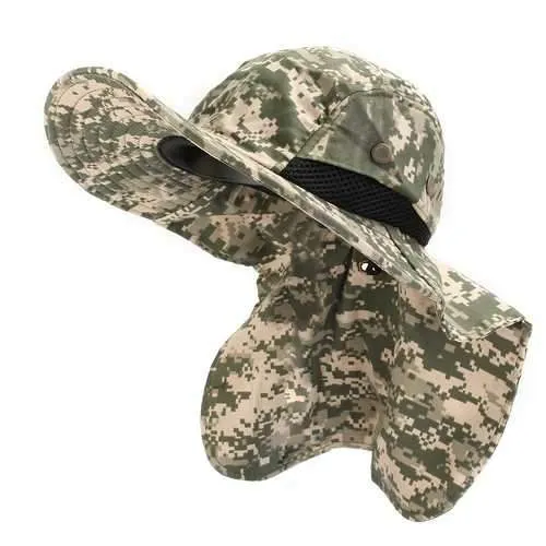 Unisex Nylon Camo Mesh Fishing Hunting Wide Brim Boonie Hat Neck Cover Outdoor Sun Flap Bush Cap
