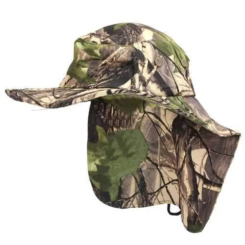 Unisex Nylon Camo Mesh Fishing Hunting Wide Brim Boonie Hat Neck Cover Outdoor Sun Flap Bush Cap