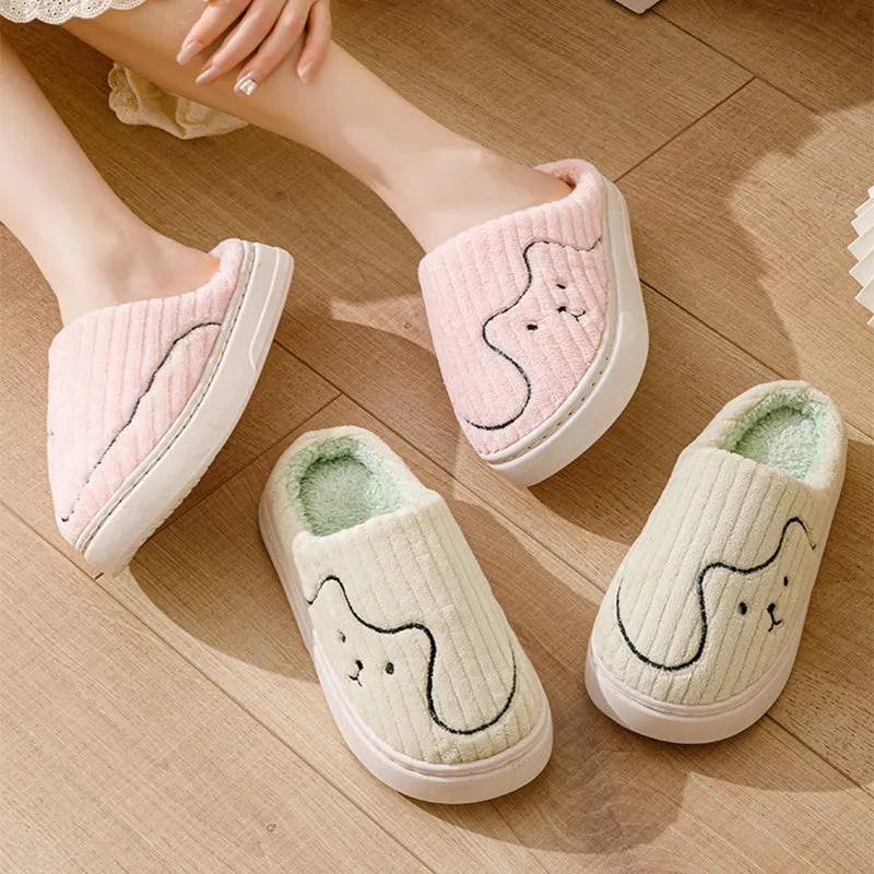 Women Striped Cat Slippers Indoor Couple Non-slip Winter Warm Plush House Shoes Mens